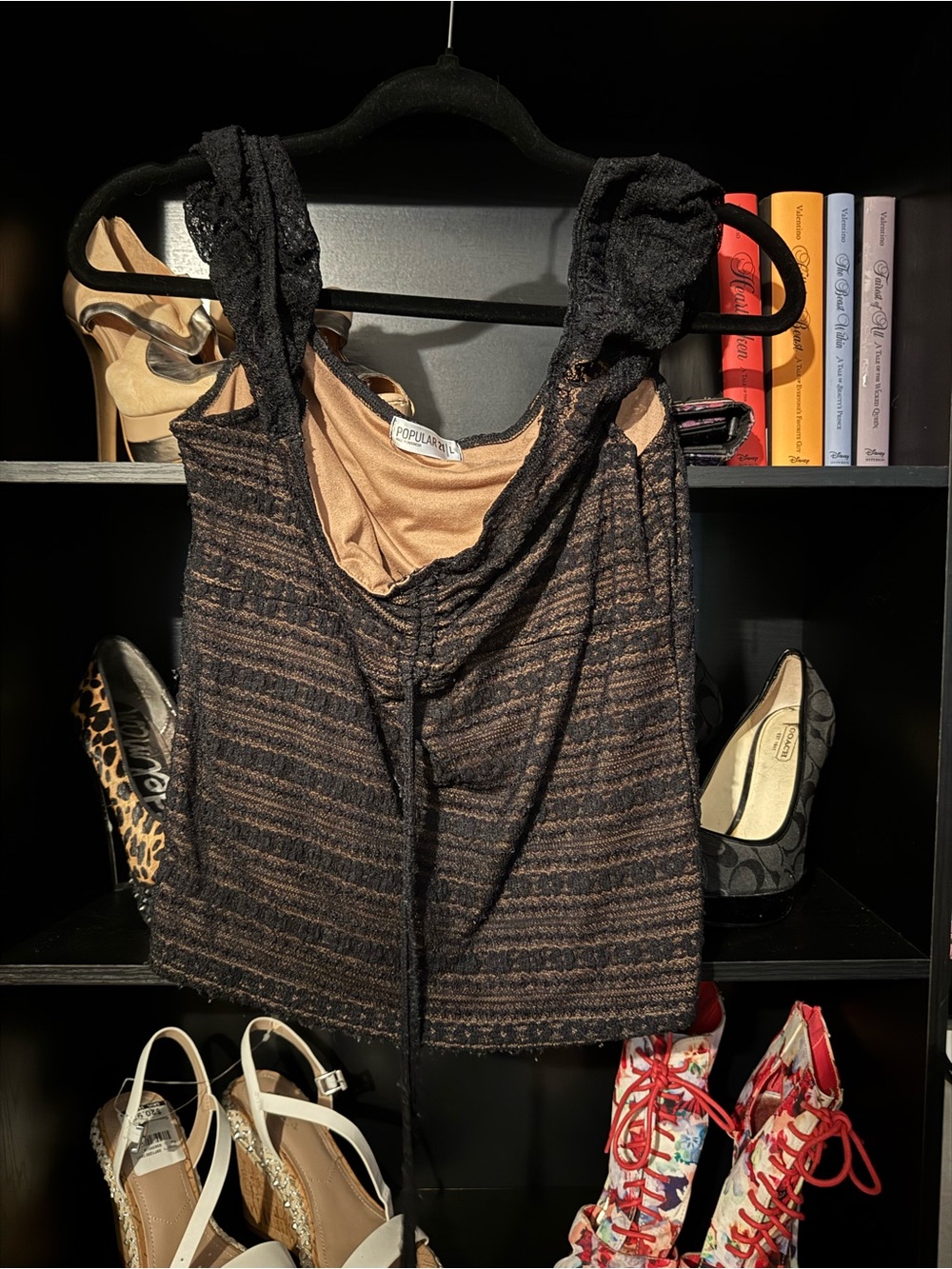 Popular Basics Black & Brown Striped Lace-Shoulder Tank